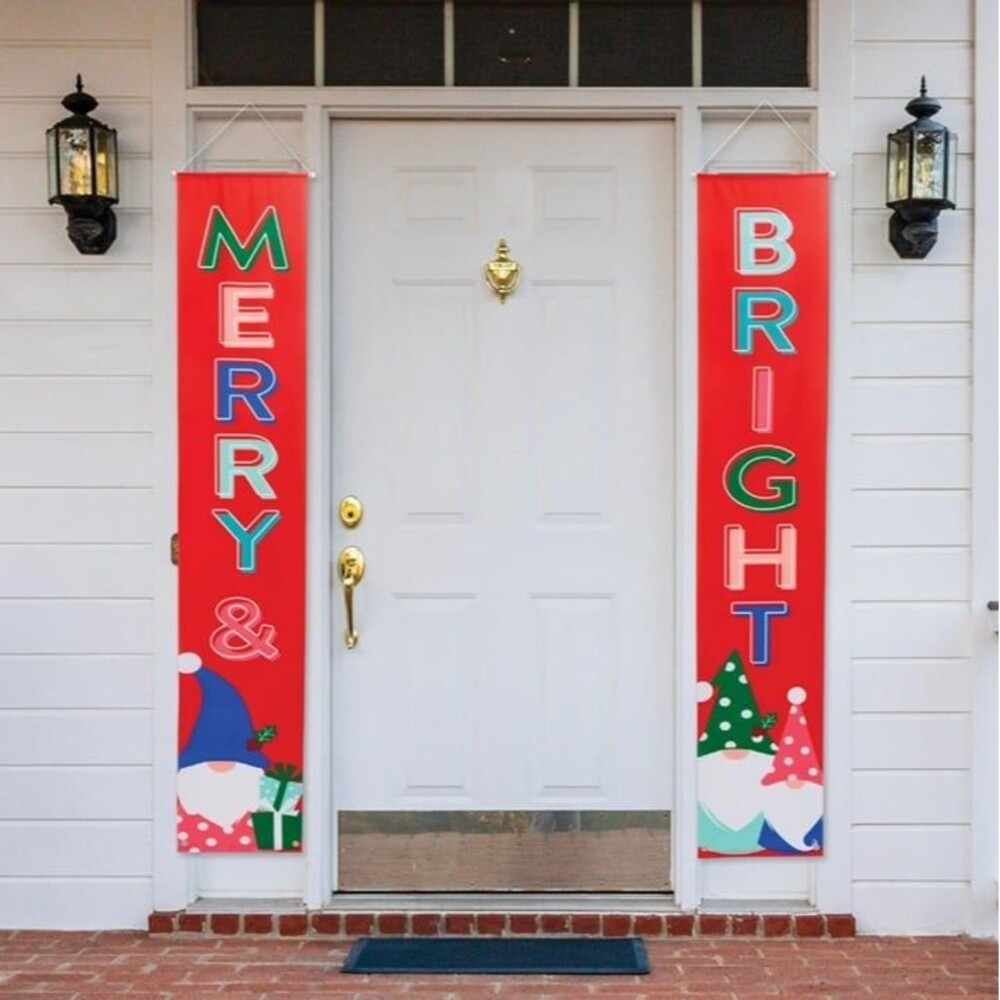 Holiday Christmas Merry & bright Banner Hanging Decor Wall Door Banner 2 Count